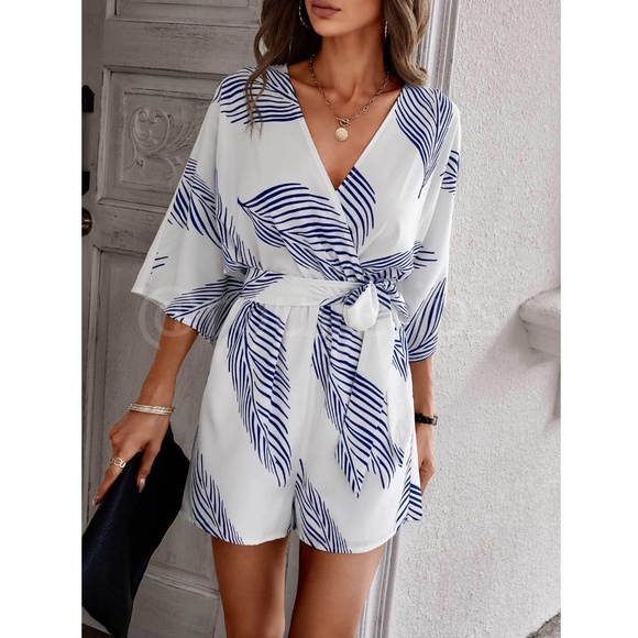 Leaf Tropical Print Blue on White Romper Belted V-Neck - Picture 5 of 6